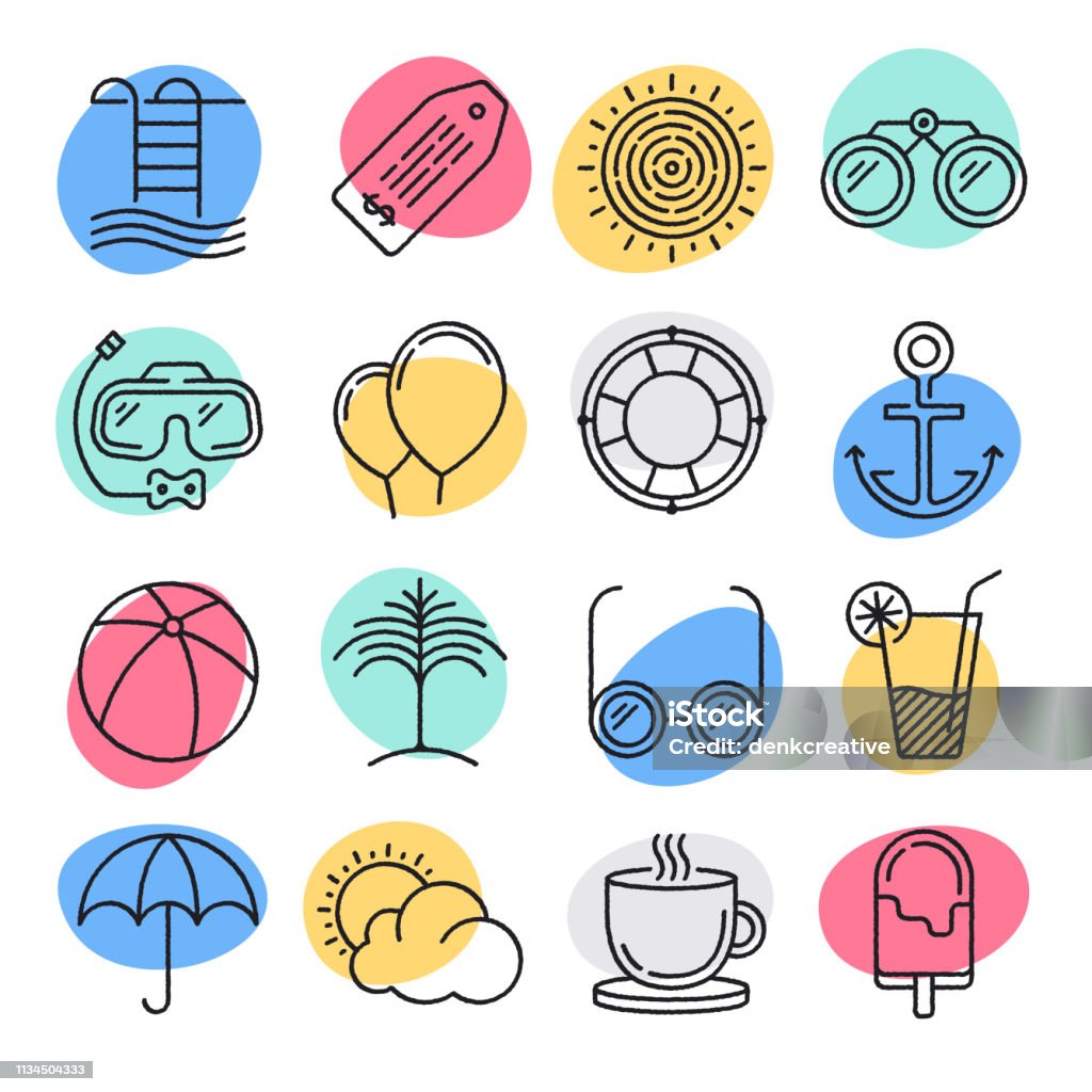 Mediterranean Summer Holidaymaking Doodle Style Vector Icon Set Modern mediterranean summer holidaymaking doodle style concept outline symbols. Line vector icon sets for infographics and web designs. Icon Symbol stock vector