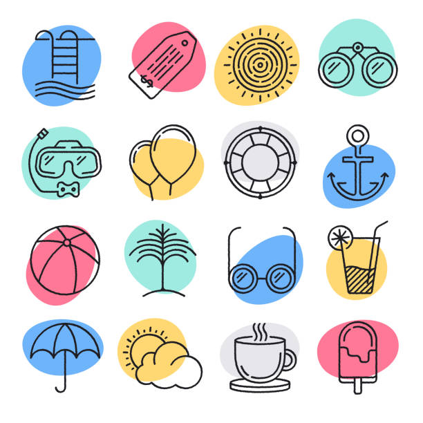 Mediterranean Summer Holidaymaking Doodle Style Vector Icon Set Modern mediterranean summer holidaymaking doodle style concept outline symbols. Line vector icon sets for infographics and web designs. swimming drawings stock illustrations
