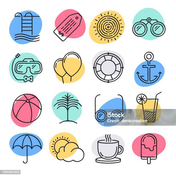 Mediterranean Summer Holidaymaking Doodle Style Vector Icon Set Stock Illustration - Download Image Now