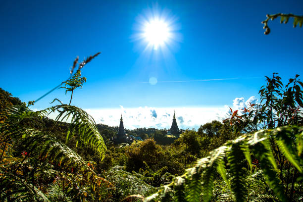 Naphamethinidon and Naphaphonphumisiri, two chedis near the summit of Doi Inthanon, viewed from Kew Mae Pan Nature Trail, Chiang Mai, Thailand