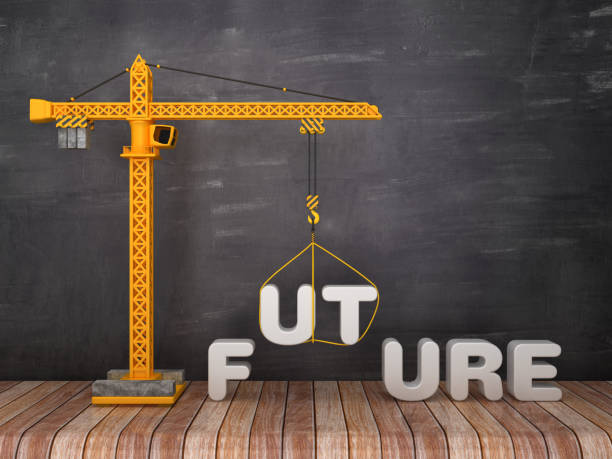 istock Tower Crane with FUTURE Word on Chalkboard Background - 3D Rendering 1134505616