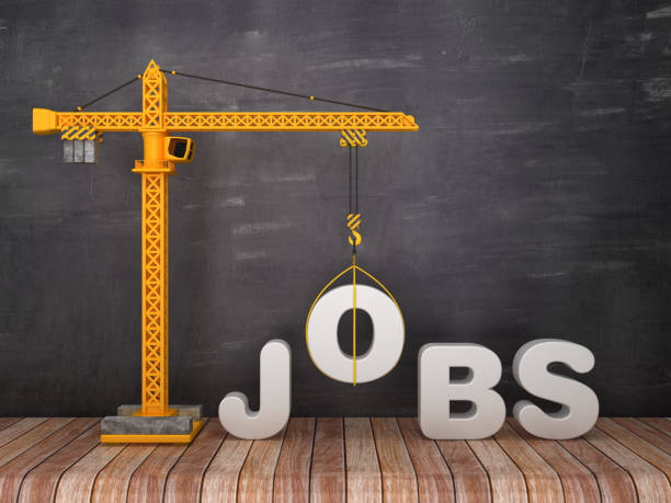 istock Tower Crane with JOBS Word on Chalkboard Background - 3D Rendering 1134505667