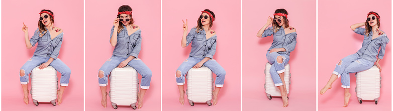 Collage with a young stylish woman with different emotions on her face, sitting on a white suitcase, isolated on a pink background, the concept of emotions and travel