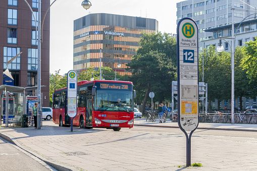 Freiburg (Brsg.), Germany, June 17, 2015 - In the bus station of Freiburg (Brsg.) waits a bus of Südbadenbus, a subsidiary of Deutsche Bahn, on the exit.