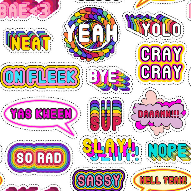 Seamless pattern with colorful patches with words “YOLO”, “Slay!”, “Hell Yeah”, “Yas Kween”, “On fleek”, “Savage”, “So rad”, etc. Text, slang acronyms and abbreviations wallpaper. White background. Seamless pattern with colorful patches with words “YOLO”, “Slay!”, “Hell Yeah”, “Yas Kween”, “On fleek”, “Savage”, “So rad”, etc. Text, slang acronyms and abbreviations wallpaper. White background. word cool stock illustrations