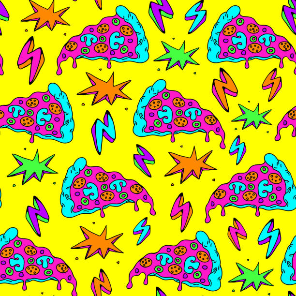 Seamless pattern with colorful pizza slices and lightning strikes. Yellow background. Seamless pattern with colorful pizza slices and lightning strikes. Yellow background. psychedelic trip stock illustrations