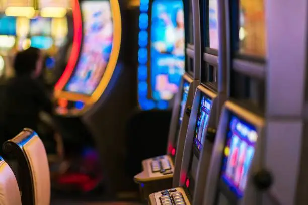 Slot Machines Inside Luxury Vegas Casino. Shallow Depth of Field.