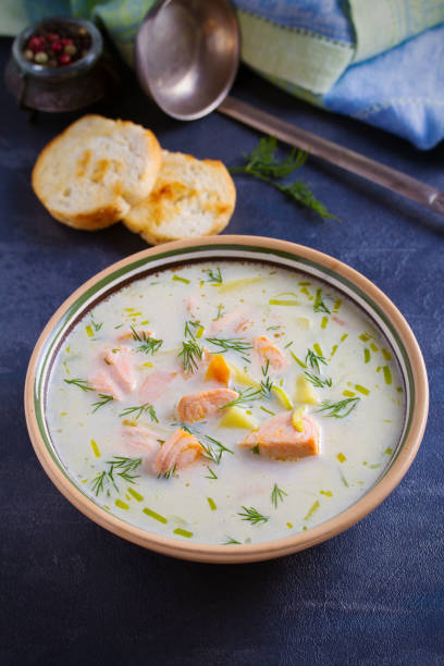 istock Salmon soup. Creamy  salmon fish soup in bowl 1134514902