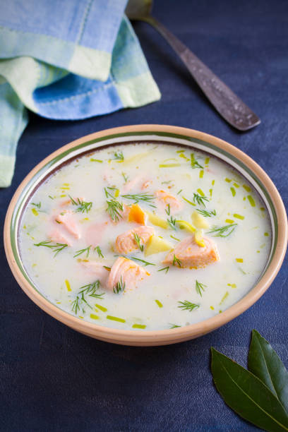 istock Salmon soup. Creamy  salmon fish soup in bowl 1134516936