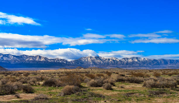From the Mojave Desert near VIctorville, California, a winter view of the northside of the San Gabriel Mountains. stock photo