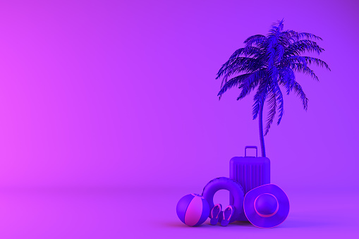 3d rendering of Tropical palm tree and suitcase on neon gradient color background, minimal summer and travel concept.