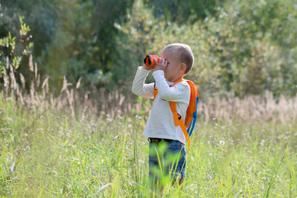 istock Young explorer watching with binoculars of birds in the high grass in the forest 1134524228