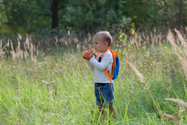 istock Young explorer watching with binoculars of birds in the high grass in the forest 1134524242
