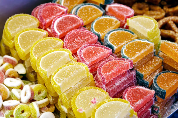 Multi-colored background of assorted candies at a market stall in Budapest
