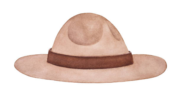 Light brown felt campaign hat. Part of uniform of Royal Canadian Mounted Police (RCMP), New Zealand Army, United States Park Rangers, Scouts. Hand painted watercolour drawing, cutout clip art element. Hand drawn watercolor illustration. rcmp stock illustrations