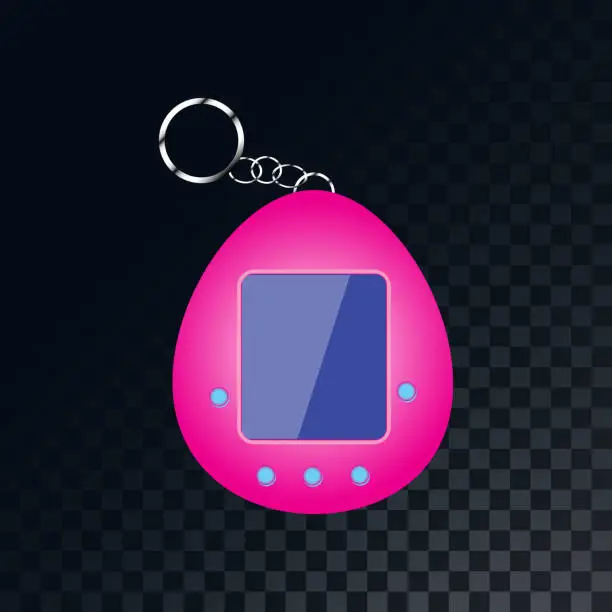 Vector illustration of An old retro vintage electronic portable children's toy, Tamagotchi from the 70s, 80s, 90s on a translucent, dark, checkered gray background of squares. Vector illustration