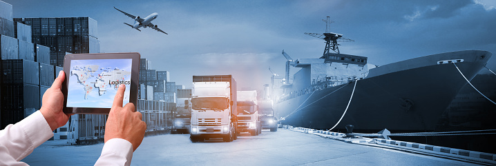 Double exposure of man with Transportation, import-export and logistics concept, there are container truck,  airplane for delivery supply industry