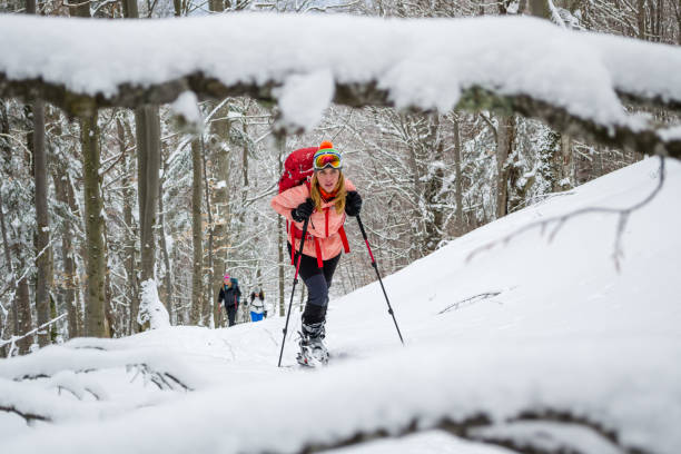 mujeres de esquí de travesía, finales de invierno-principios de la primavera, en las montañas de los cárpatos, rumania. chicas con esquís, mochilas y bastones, en un sendero de turismo con nieve fresca y profunda. - late spring fotografías e imágenes de stock