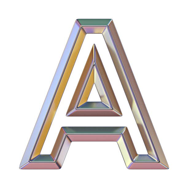 Chrome font with colorful reflections Letter A 3D render illustration isolated on white background
