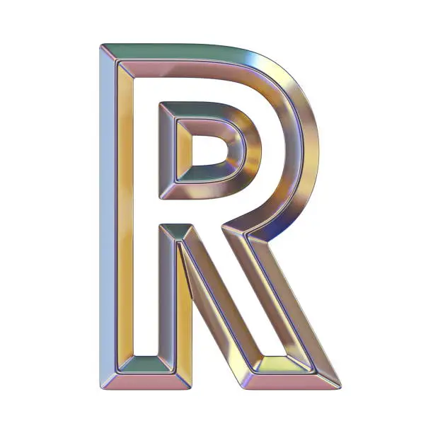 Chrome font with colorful reflections Letter R 3D render illustration isolated on white background