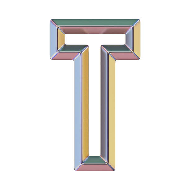 Chrome font with colorful reflections Letter T 3D render illustration isolated on white background