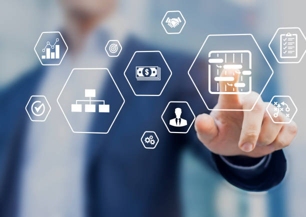 istock Project management tools and skills concept with professional manager touching icons of planning, schedule, organization of work, quality, risks, budget 1134559034