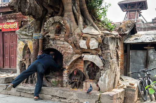Hindu Tree shrine at street around Kathmandu Durbar Square, Nepal
