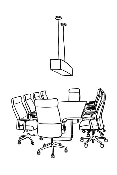 Office Boardroom Empty Boardroom with meeting table and roller office chairs conference table stock illustrations