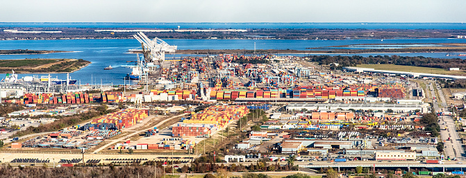 Aerial view of the Port of Houston, Texas as shot from an altitude of about 2000 feet.