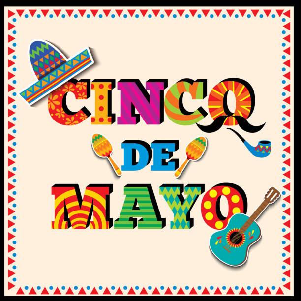 Five-of-May-typography Vector text of Cinco de mayo design lettering. guitar borders stock illustrations