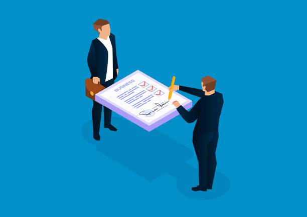 Two businessmen signing documents Two businessmen signing documents lawyer illustrations stock illustrations