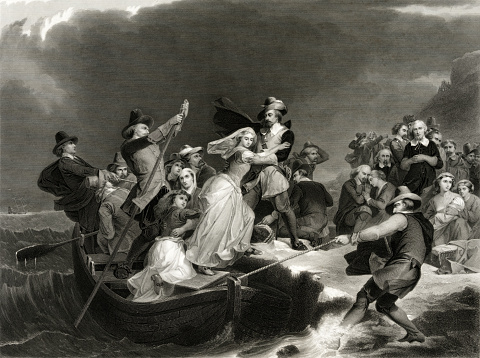 Pilgrims coming ashore at Plymouth Rock, 1620.