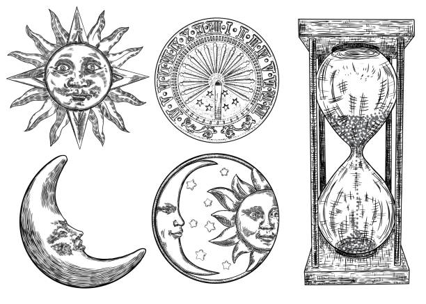 Set of sundial, sun clock, hourglass or sand clock and moon crescent with sun engraving. Hand drawn and isolated. Vector Vector ancient sundial stock illustrations
