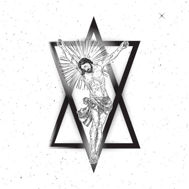 illustrazioni stock, clip art, cartoni animati e icone di tendenza di gesù cristo aleggia sul tatuaggio a triangolo. nuova era geometria sacra simbolo della preghiera e della religione del cristianesimo. concetto mistico di spiritualità e segreto magico religioso sacro. profeta nello spazio. vettore. - tattoo men bizarre art