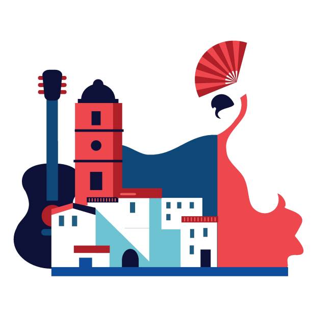 andalusische vektorillustration der weißen mediterranen stadt und flamenco-tanzfrau - andalusien stock-grafiken, -clipart, -cartoons und -symbole