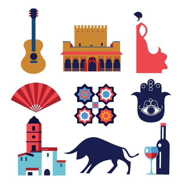 Andalucia set vector icons and symbols Andalucia set of flat style vector icons and symbols espana stock illustrations