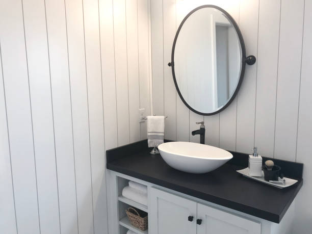 Shiplap Bathroom vertical shiplap in bathroom angled bathroom sink stock pictures, royalty-free photos & images