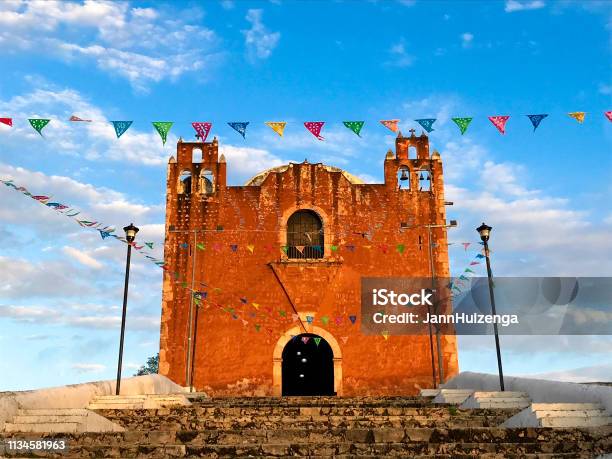 Santa Elena Yucatan Mexico Orange Church At Sunset Stock Photo - Download Image Now