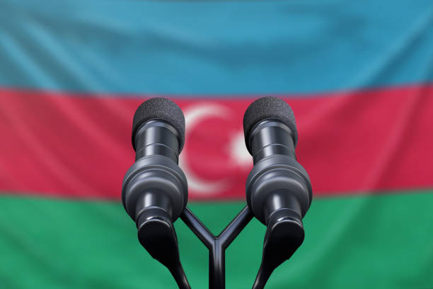 istock Azerbaijan Flag with microphones and podium for a press conference 1134585288