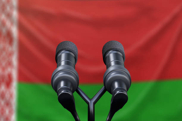 istock Belarus Flag with microphones and a podium 1134585406