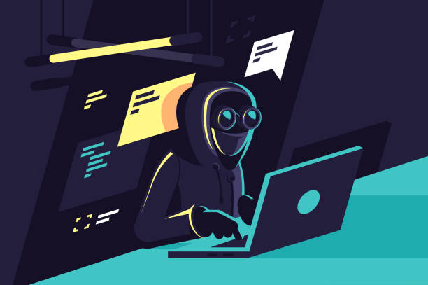 Flat young hacker programmer with laptop hacks programms and site. Flat young hacker programmer with laptop hacks programms and site. Concept modern man character, network security. Vector illustration. stealing crime illustrations stock illustrations