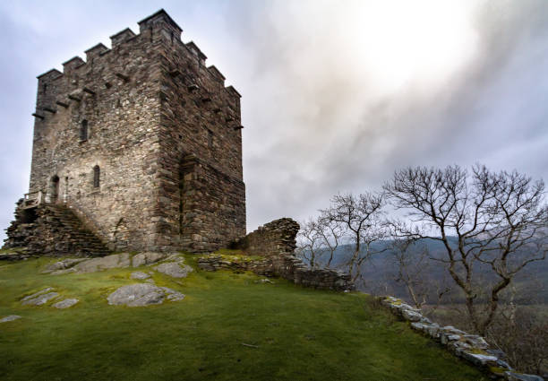 magnífica vista de la puesta de sol de la torre de las ruinas de dolwyddelan en el parque nacional de snowdonia - wales snowdonia snowdonia national park mountain fotografías e imágenes de stock