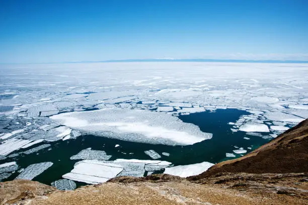 Photo of View above big beautiful lake Baikal with Ice floes floating on the water, Russia