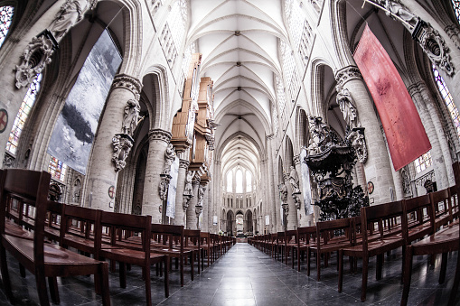 Interior of St. Michael and St. Gudula Cathedral - Roman Catholic church on the Treurenberg Hill in Brussels, Belgium.