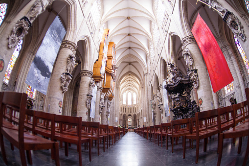 Interior of St. Michael and St. Gudula Cathedral - Roman Catholic church on the Treurenberg Hill in Brussels, Belgium.