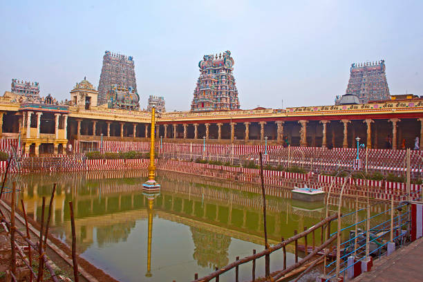 Meenakshi hindu temple in Madurai, Tamil Nadu, South India. Sculptures on Hindu temple gopura (tower). Meenakshi hindu temple in Madurai, Tamil Nadu, South India. Sculptures on Hindu temple gopura (tower). menakshi stock pictures, royalty-free photos & images