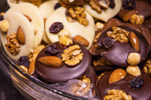 Lots of chocolate with nuts and raisin