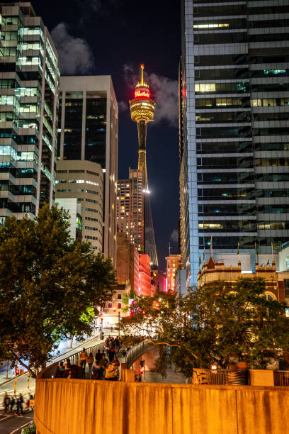vue verticale de nuit de l'oeil de tour de sydney de la rue de marché avec des personnes à sydney nsw australia - sydney australia australia new south wales lookout tower photos et images de collection