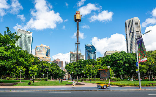 23rd December 2018, Sydney NSW Australia : Sydney tower eye and Sydney skyline with Hyde park in front in NSW Australia