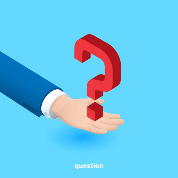 question 17 isometric image, a man's hand in a business suit on a blue background holds a big red question mark isometric question mark stock illustrations